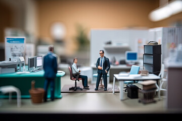 Working office, white collar workers discusses happily meeting. Tiny workers. Generative AI