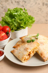 Plate with baked meat empanadas, tomatoes and lettuce on color table, closeup
