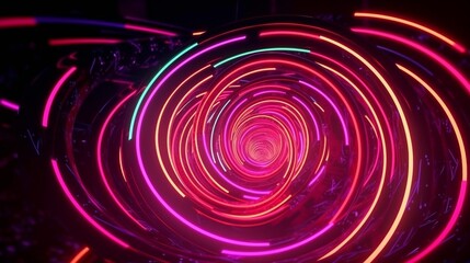 Abstract Technology Background. Spirals of Digital Light. Glowing Neon Rays. Network Communication, High Speed Data Flow, Fast Server or Internet Concept. Science Fiction Portal, Wormhole, Black Hole.