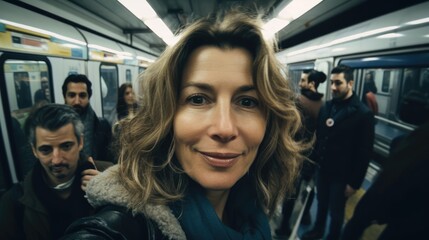 Fototapeta na wymiar Attractive mature woman looking at the camera posing at the subway. Generative AI