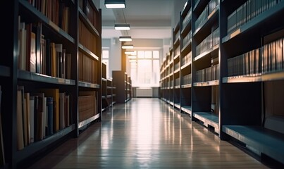 Abstract blurred empty college library interior space, Blurry classroom with bookshelves by defocused effect, generative AI