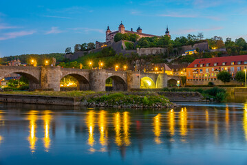 Sunset panorama of Marienberg fortress in Würzburg, Germany