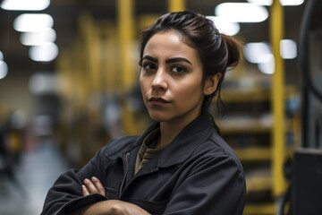 hispanic female factory worker posing looking at the camera. Generative AI
