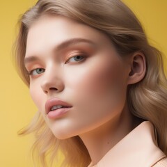 Serious beautiful blond female model looking at the camera on yellow background. Generative AI