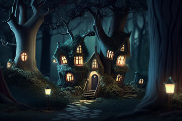 Fototapeta na wymiar magic forest with fantasy houses at night, fairy tale like houses made with Generative AI
