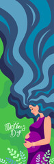 Pregnant girl with blue hair hugs her belly. Vertical banner with a stylized pregnant woman. Mothers Day. Happy motherhood