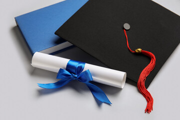 Diploma with blue ribbon, graduation hat and book on white background