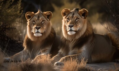 Beautiful lions are resting pride among the grass and trees, generative AI