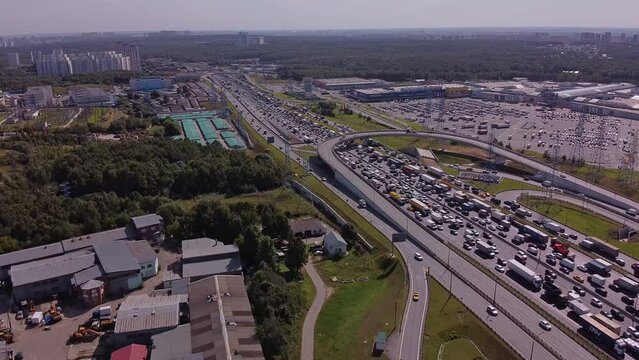 Aerial view of a huge traffic jam on the expressway. Traffic jam on the Moscow Highway MKAD