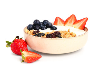 Bowl of tasty granola with yogurt and berries on white background