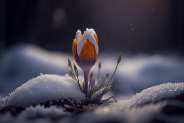 Fototapeta na wymiar flower growing through the snow, blurred background, symbolizes hope made with Generative AI