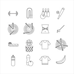 Collection of icons with different sports and healthy eating in outline design