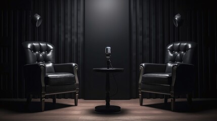 Podcast Studio: Two Chairs and Microphones Ready for Recording  generative ai