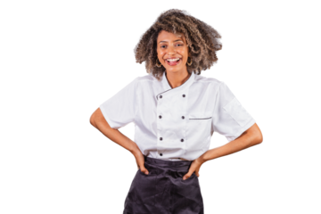 Young black Brazilian woman, cook, masterchef, wearing restaurant uniform. Hands on hips.
