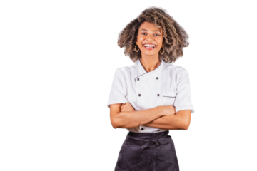 Young black Brazilian woman, cook, masterchef, wearing restaurant uniform. arms crossed, optimistic and confident.