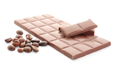 Tasty chocolate and coffee beans on white background