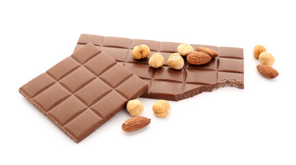 Tasty chocolate and nuts on white background