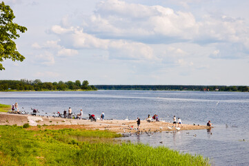 summer landscape, in the photo people on the pier feed the birds, in the foreground is the river bank, in the background is the river, forest and sky with clouds