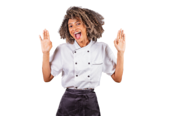Young black Brazilian woman, cook, masterchef, wearing restaurant uniform. unbelievable, wow, unbelievable.