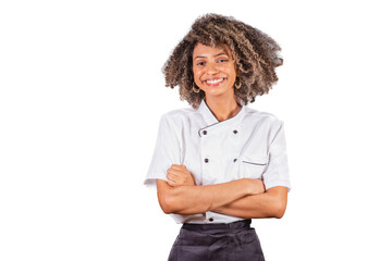 Young black Brazilian woman, cook, masterchef, wearing restaurant uniform. arms crossed, optimistic...
