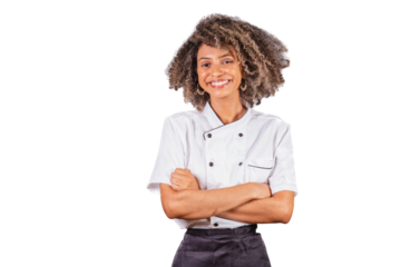 Young black Brazilian woman, cook, masterchef, wearing restaurant uniform. arms crossed, optimistic and confident.