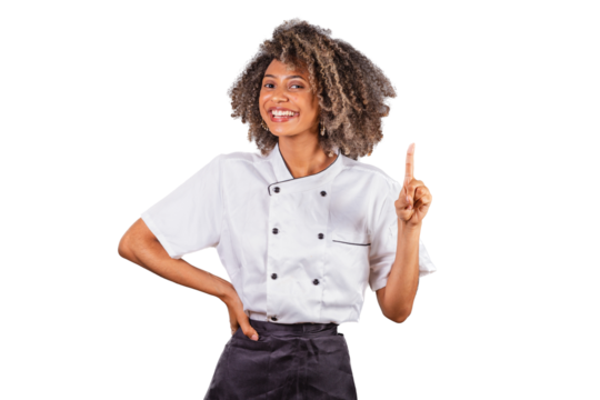 Young black Brazilian woman, cook, masterchef, wearing restaurant uniform. having ideas.
