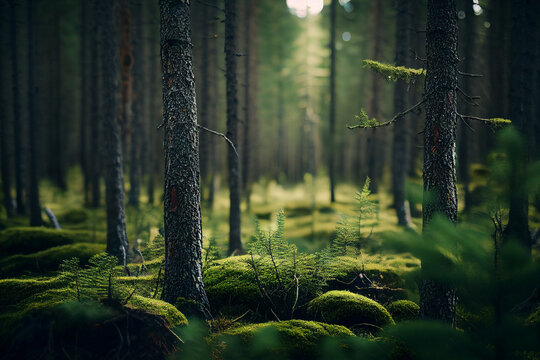 scandinavian forest with many trees, lots of green moss made with Generative AI