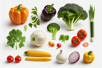 Fototapeta na wymiar collection of fresh vegetables isolated on white background. generative ai