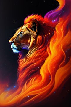 dreamy mixed media artwork, Hyperwave cover art, fire lion facing front, 