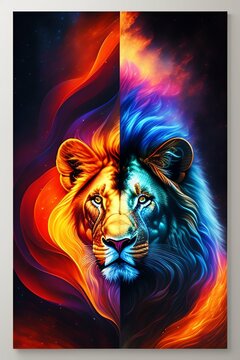 dreamy mixed media artwork, Hyperwave cover art, fire lion facing front, 