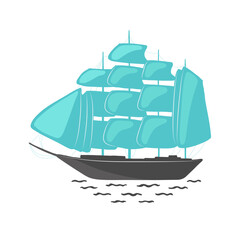 The ship is in blue and black color in minimalism style on a white isolated background. Stickers, icons and individual items. Vector illustration.