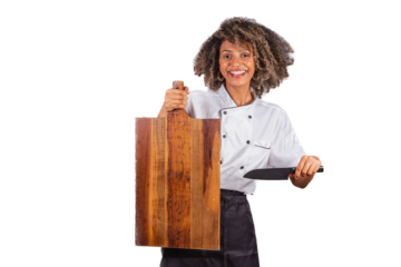 Young black Brazilian woman, cook, masterchef, wearing restaurant uniform. holding wooden board and knife for texts and advertisements, presenting.