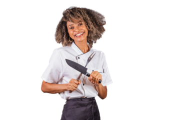 Young black Brazilian woman, cook, masterchef, wearing restaurant uniform. holding fork and knife for barbecue. Meat cutting.