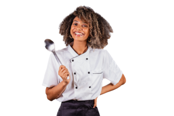 Young black Brazilian woman, cook, masterchef, wearing restaurant uniform. holding big spoon for preparing sauces.
