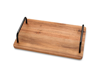 Wooden kitchen board with handles on white background