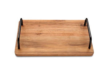 Wooden kitchen board with handles on white background