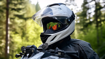 gs adventure touring and Rider with helmet, neons light, High detail, hyper realistic, 8k, with beautiful mountain forest views in the helmet goggles. white background. Created with Generative AI tech