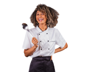 Young black Brazilian woman, cook, masterchef, wearing restaurant uniform. holding big spoon for preparing sauces.