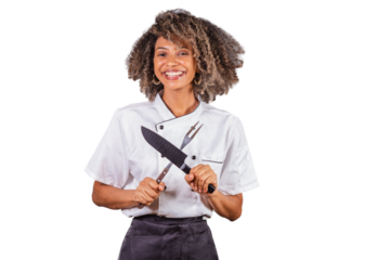 Young black Brazilian woman, cook, masterchef, wearing restaurant uniform. holding fork and knife for barbecue. Meat cutting.