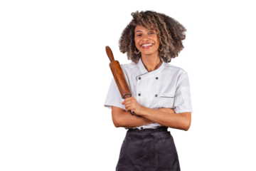 Young black Brazilian woman, cook, masterchef, wearing restaurant uniform. holding wooden rolling pin for preparing pasta, bread and pizza.