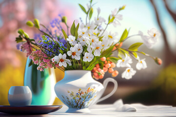 vase with spring flowers on a garden table, blurred background made with Generative AI