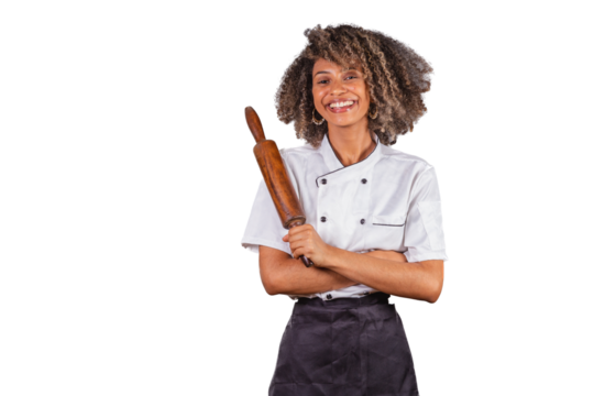 Young black Brazilian woman, cook, masterchef, wearing restaurant uniform. holding wooden rolling pin for preparing pasta, bread and pizza.