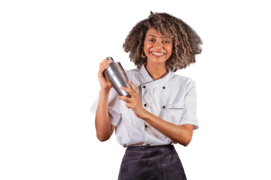 Young black Brazilian woman, cook, masterchef, wearing restaurant uniform. holding cocktail shaker for preparing drinks.