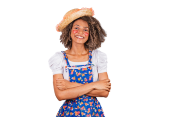 Young black Brazilian woman, with country clothes, dressed for Festa Junina. Saint John's festival. arms crossed, happy, smiling.