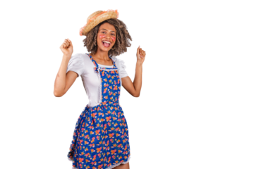 Young black Brazilian woman, with country clothes, dressed for Festa Junina. Saint John's festival. dancing, partying.