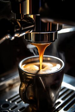 close up espresso, poured out of an espresso machine, macro picture