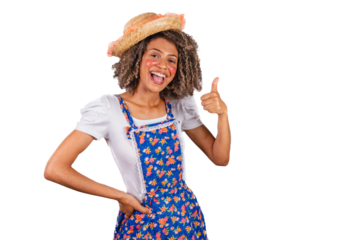Young black Brazilian woman, with country clothes, dressed for Festa Junina. Saint John's festival. thumb finger raised, optimistic, happy, positive.