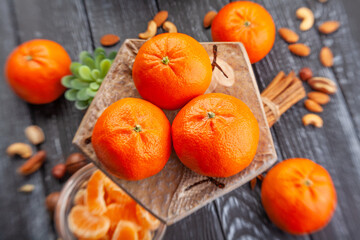 tangerine group on wood background