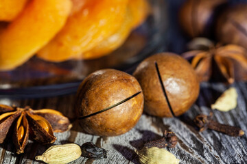 macadamia nut on wood background