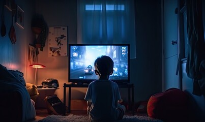 Kid playing video games in his room, a child sitting in front of a monitor, generative AI